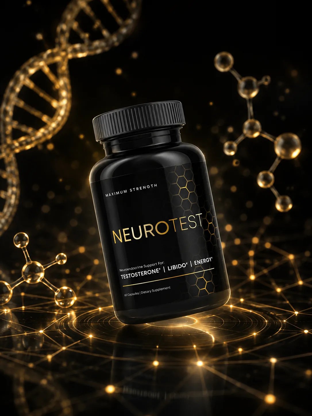 NeuroTest supplement bottle showing testosterone, libido and energy formula